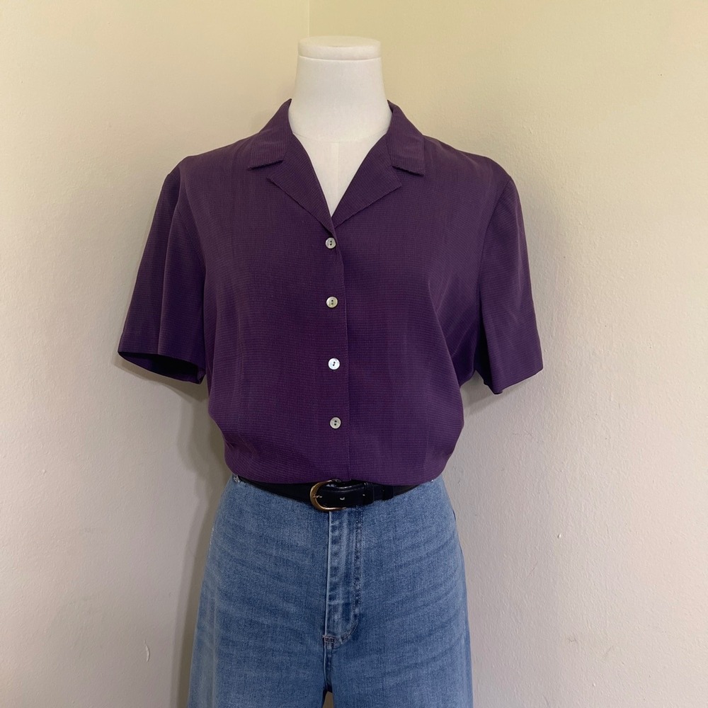 Requirements Purple Short Sleeve Button Down Camp Collar Shirt Womens Large